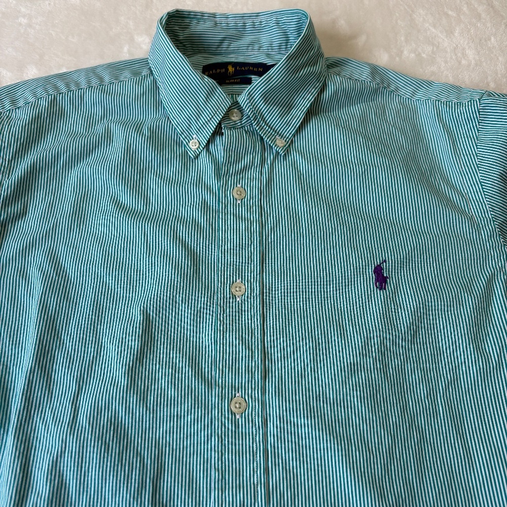 Ralph Lauren Button Down Casual Shirt Mens Size Large Slim Fit Green Striped